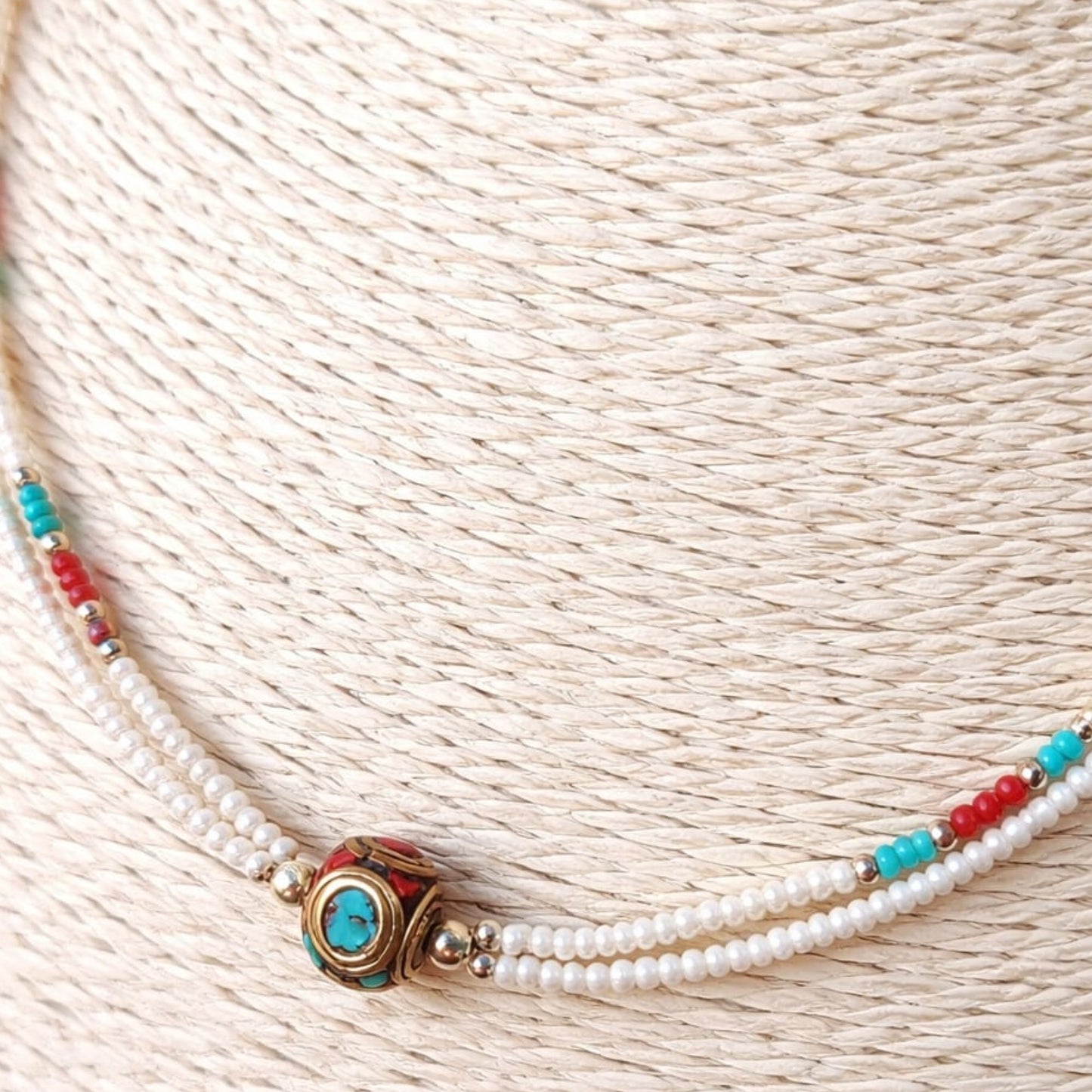 Collar nepalí extrafino de dos vueltas - Colgante de perla y turquesa