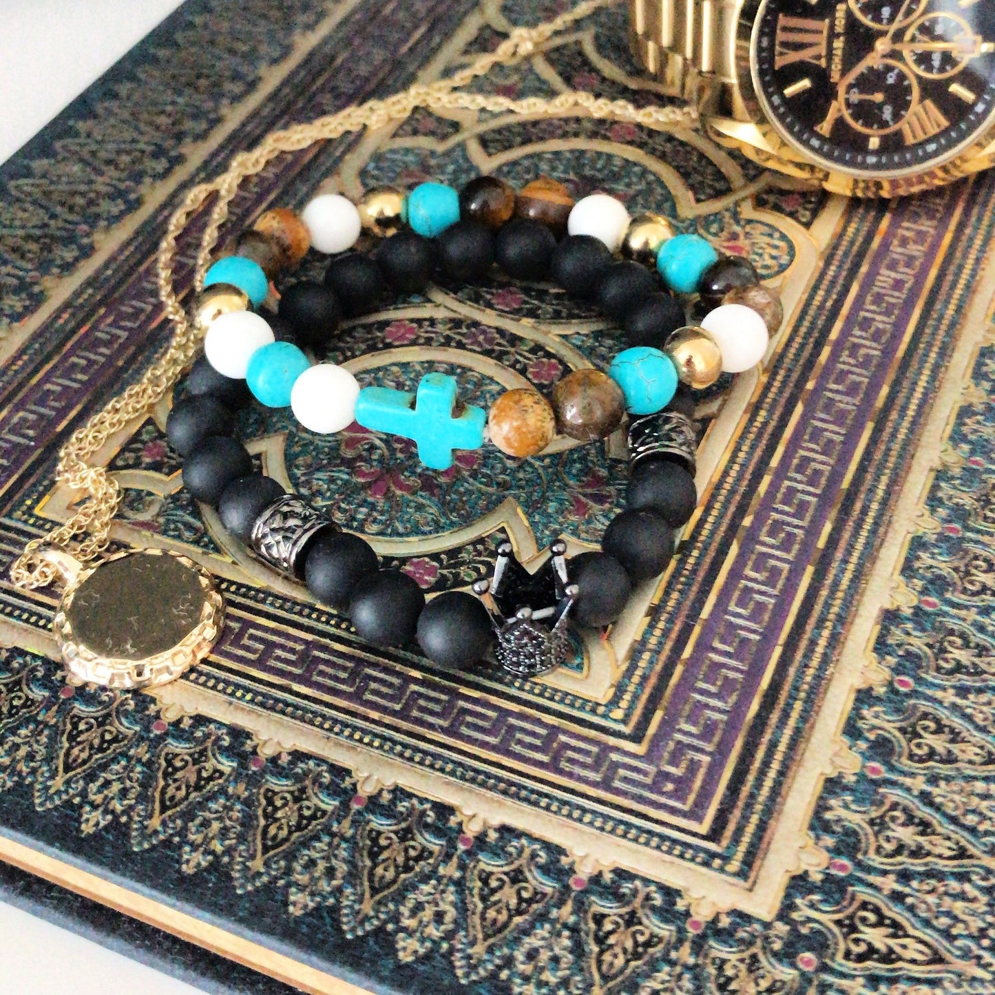 Corona Lingotes / gris ágata - Pulsera de piedras preciosas