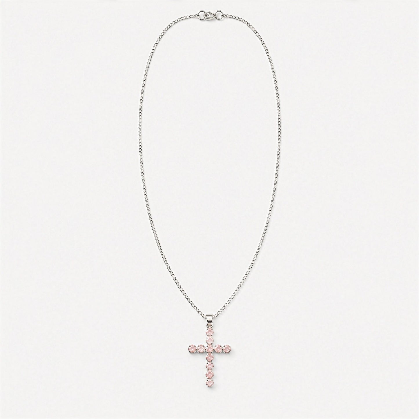 Colgante devocional de la India - Chapado en plata (cadena de 45 cm) - Crucifijo de cuarzo rosa