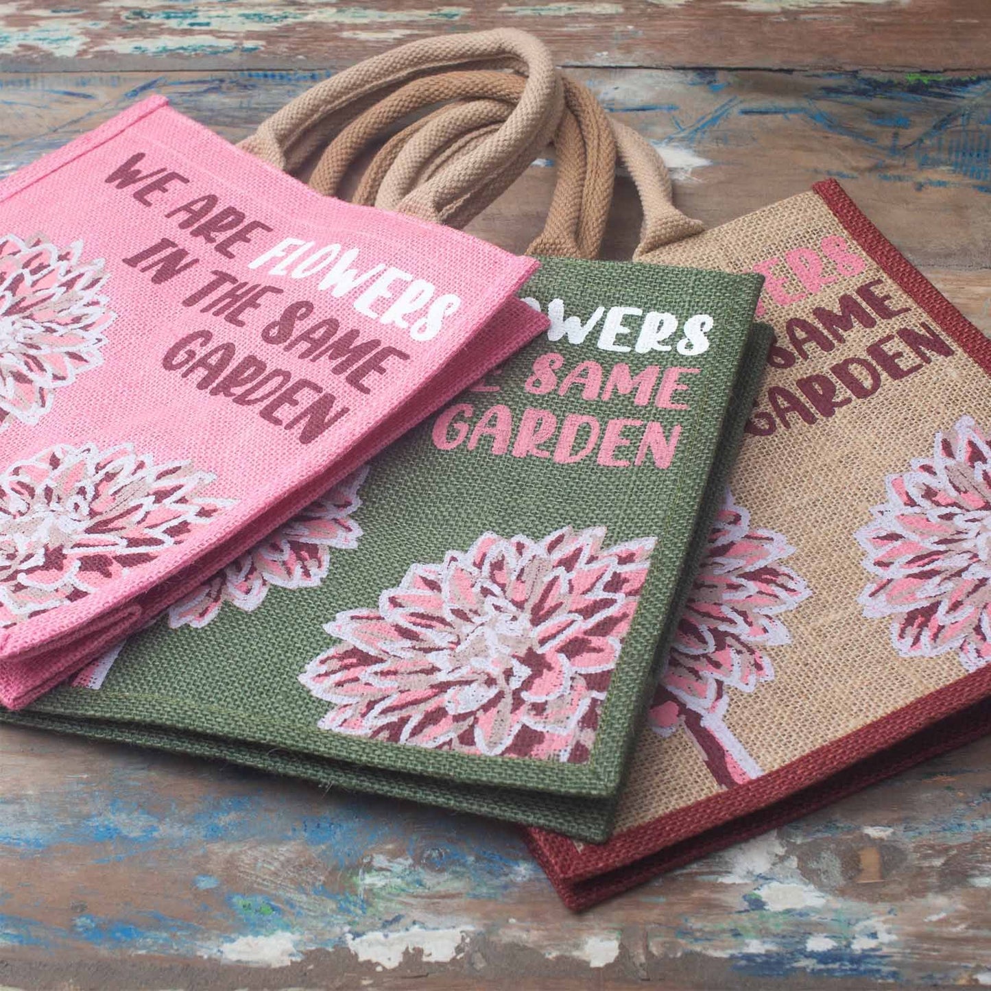 bolsa de yute estampada - Somos flores - Oliva, Rosa y Natural