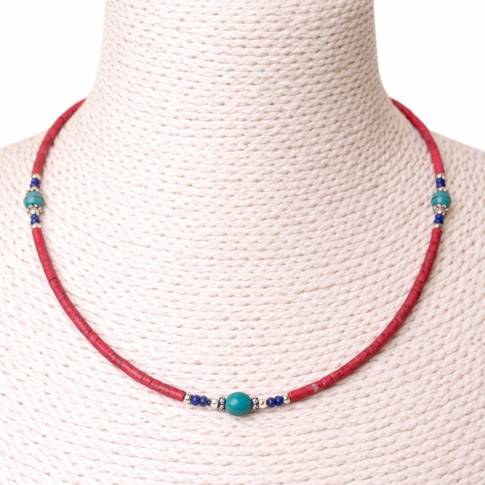 Collar nepalí de gemas extrafinas - cuentas de coral rosa y turquesa