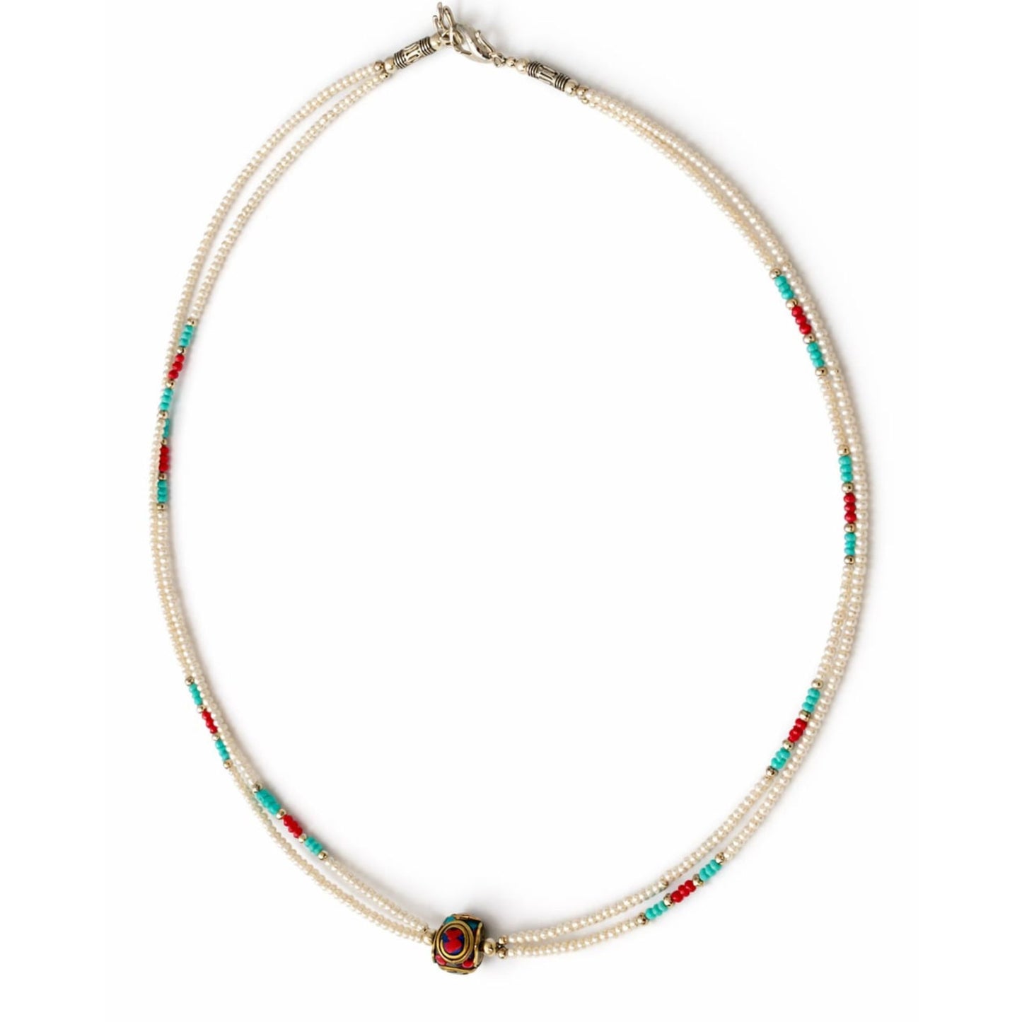 Collar nepalí extrafino de dos vueltas - Colgante de perla y turquesa