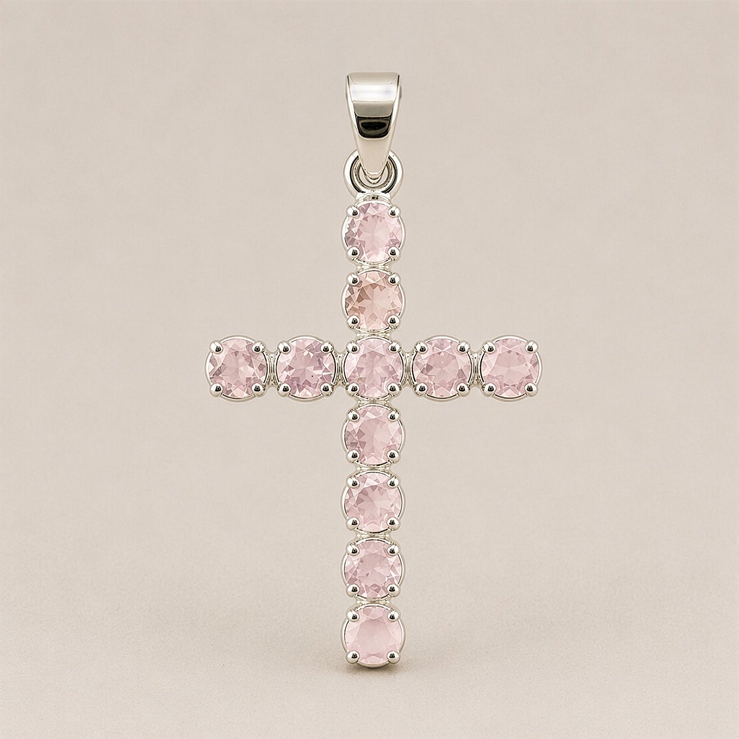 Colgante devocional de la India - Chapado en plata (cadena de 45 cm) - Crucifijo de cuarzo rosa