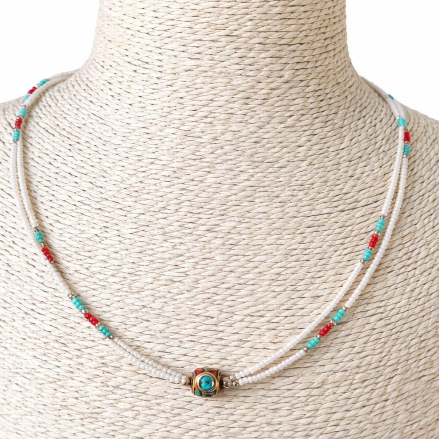 Collar nepalí extrafino de dos vueltas - Colgante de perla y turquesa