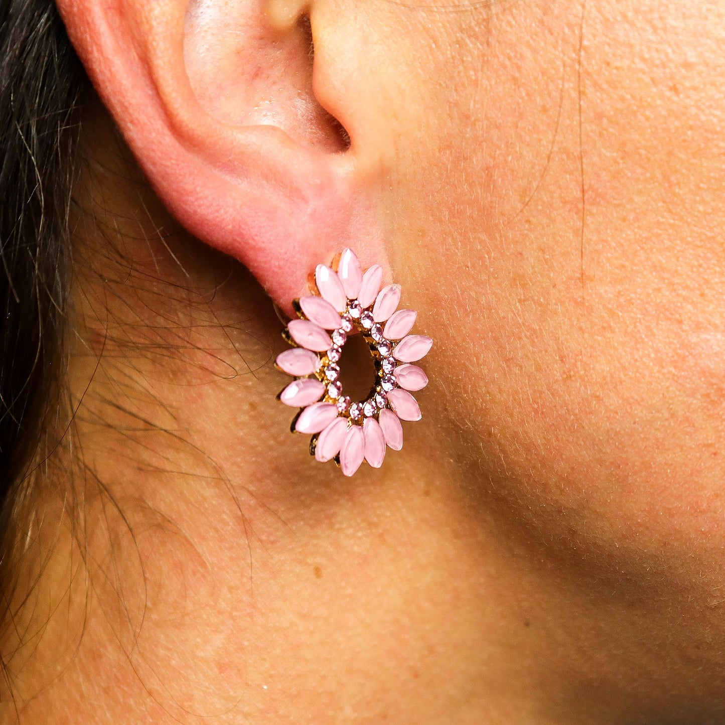 Pendientes de Cristal Vintage - Aro - Cuarzo Rosa