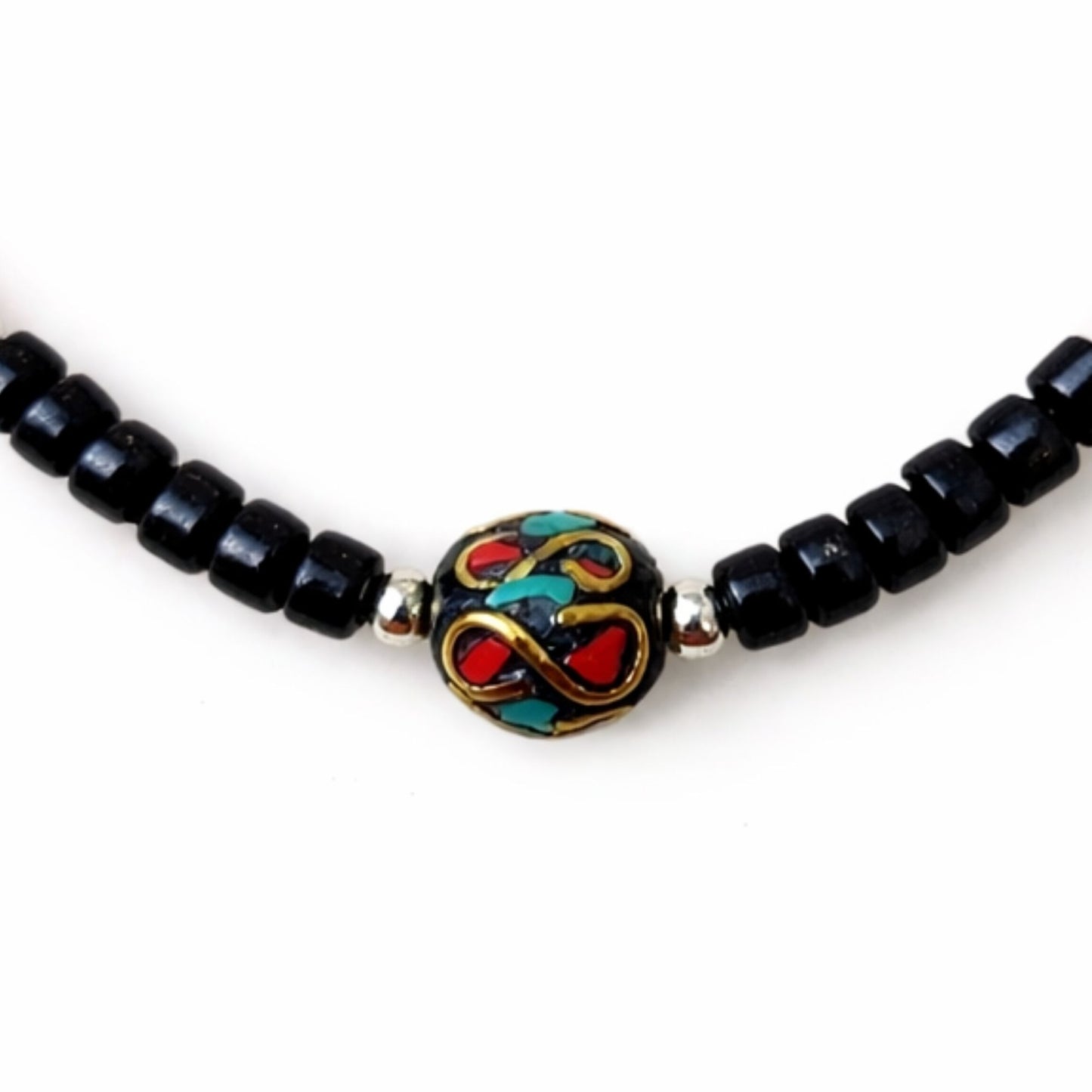 Collar con colgante Om nepalí de ónix y coralita - (50 cm) y pulsera - (17 cm) juego