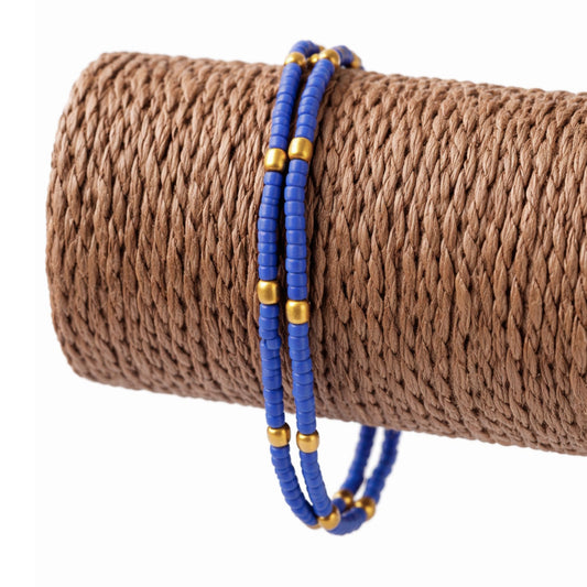 Tobillera fina nepalí de doble hilera con detalle de cuentas de lapislázuli y latón - (22 cm)