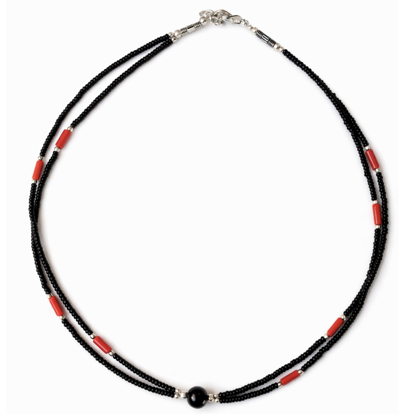 Collar nepalí extrafino de dos líneas - Colgante negro y coral
