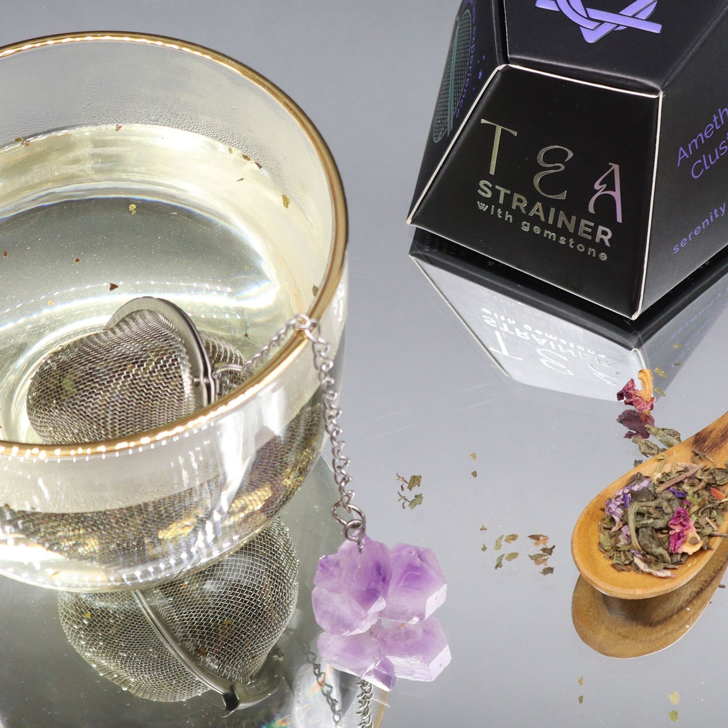 Colador de té de piedras preciosas de cristal crudo - Racimo de amatista