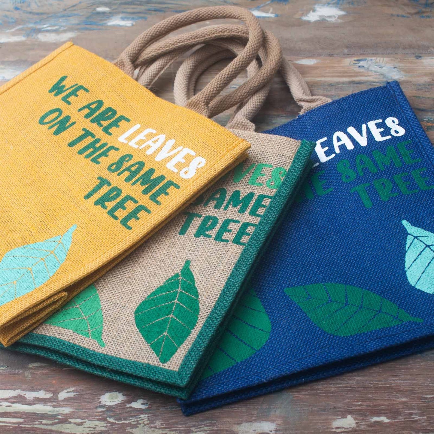 bolsa de yute estampada - Somos hojas - Amarillo, Azul y Natural