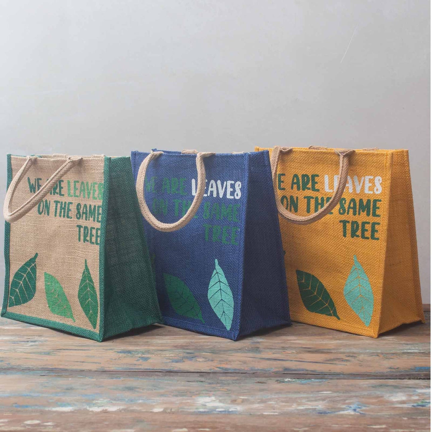 bolsa de yute estampada - Somos hojas - Amarillo, Azul y Natural