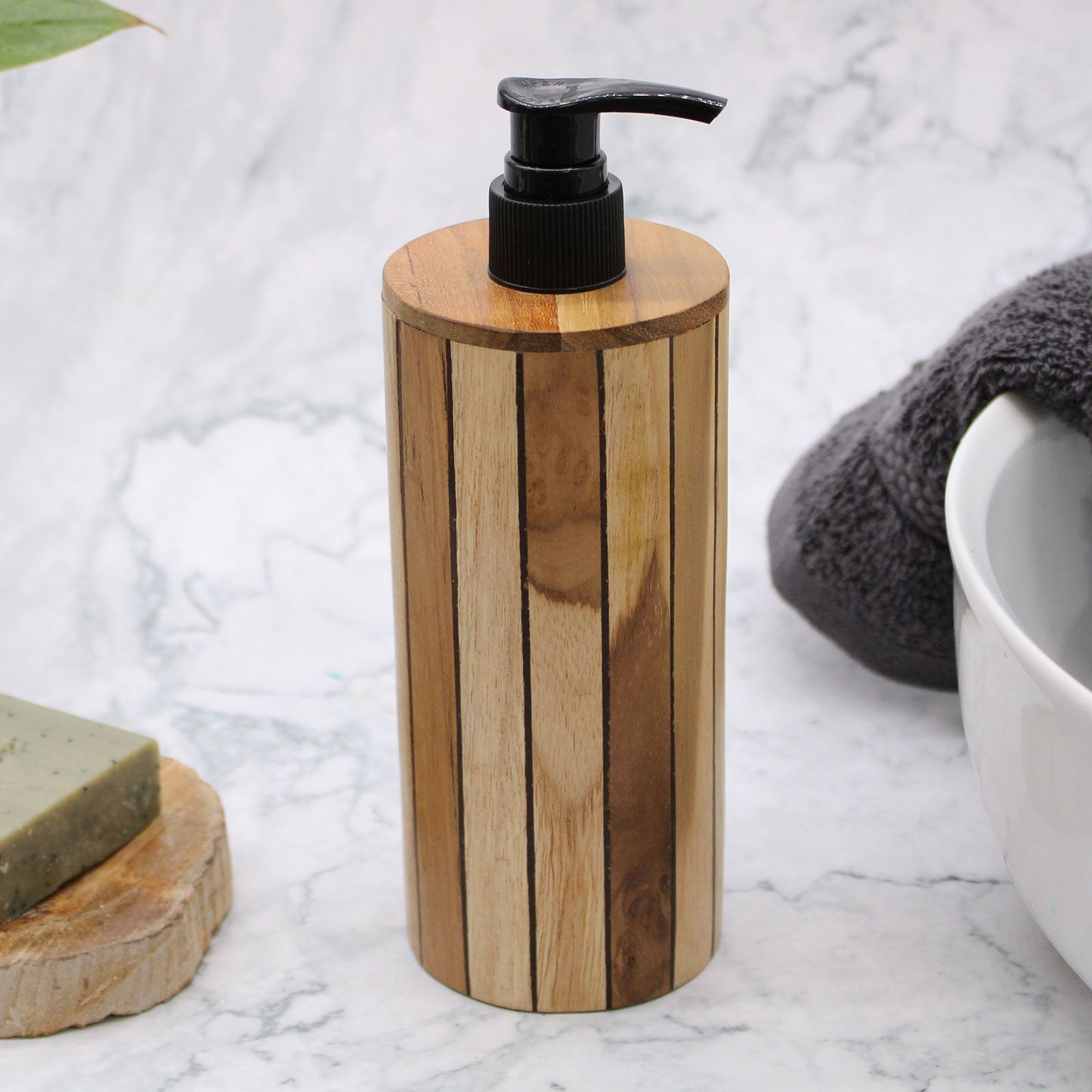 Dispensador de jabón de madera de teca natural - Redondo