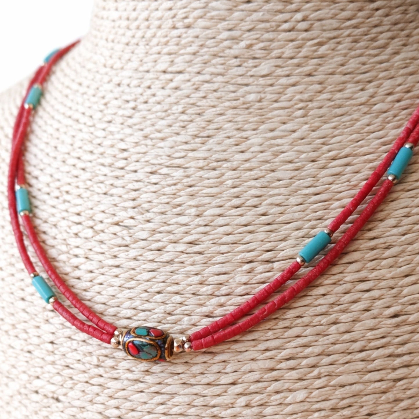 Collar nepalí extrafino de dos líneas - Colgante rosa y turquesa