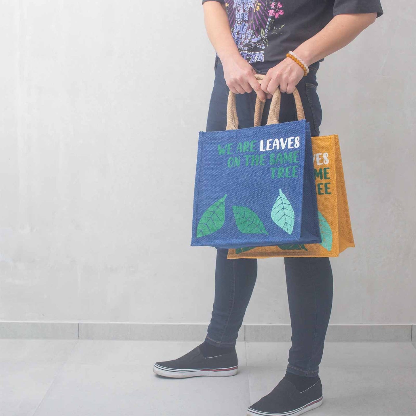 bolsa de yute estampada - Somos hojas - Amarillo, Azul y Natural