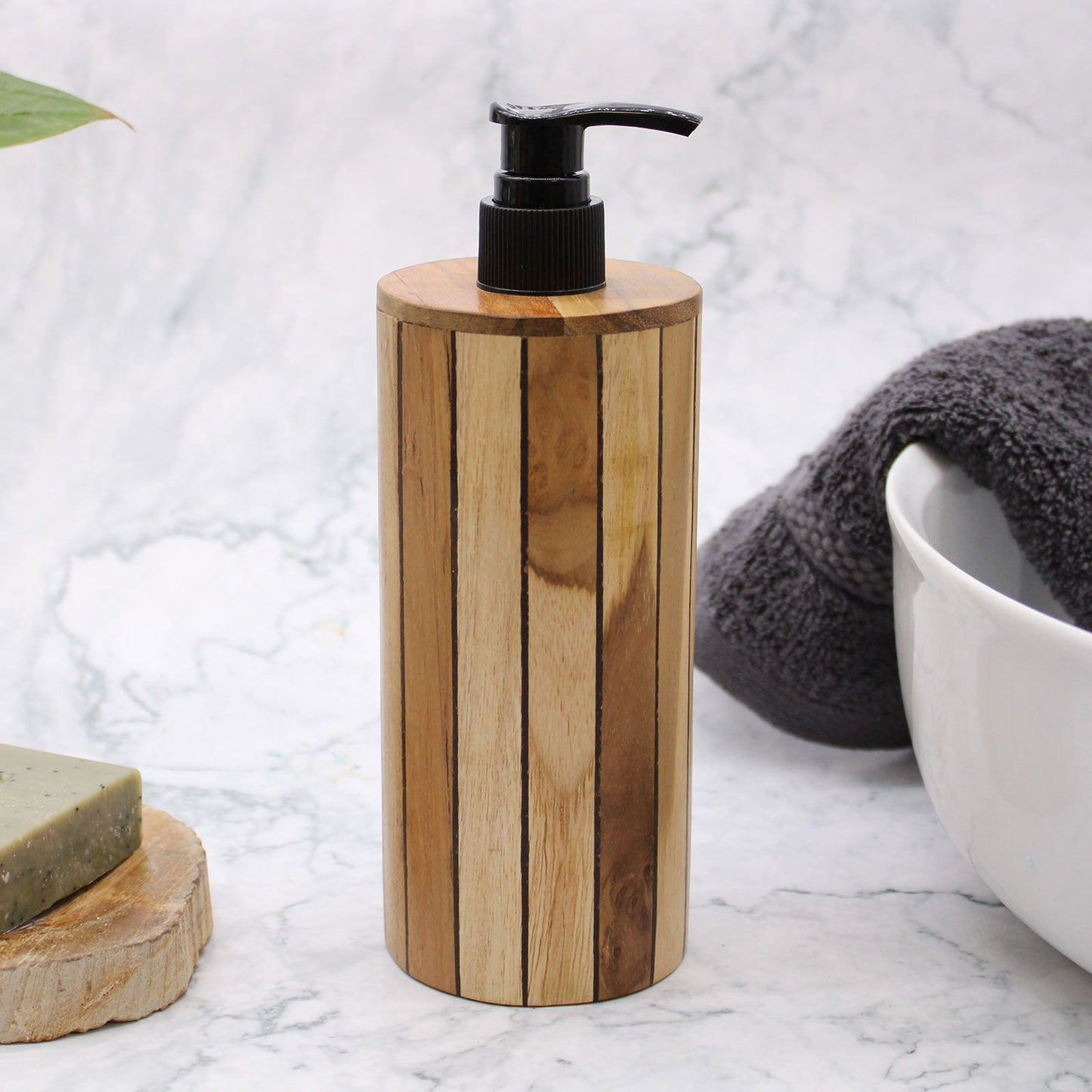 Dispensador de jabón de madera de teca natural - Redondo