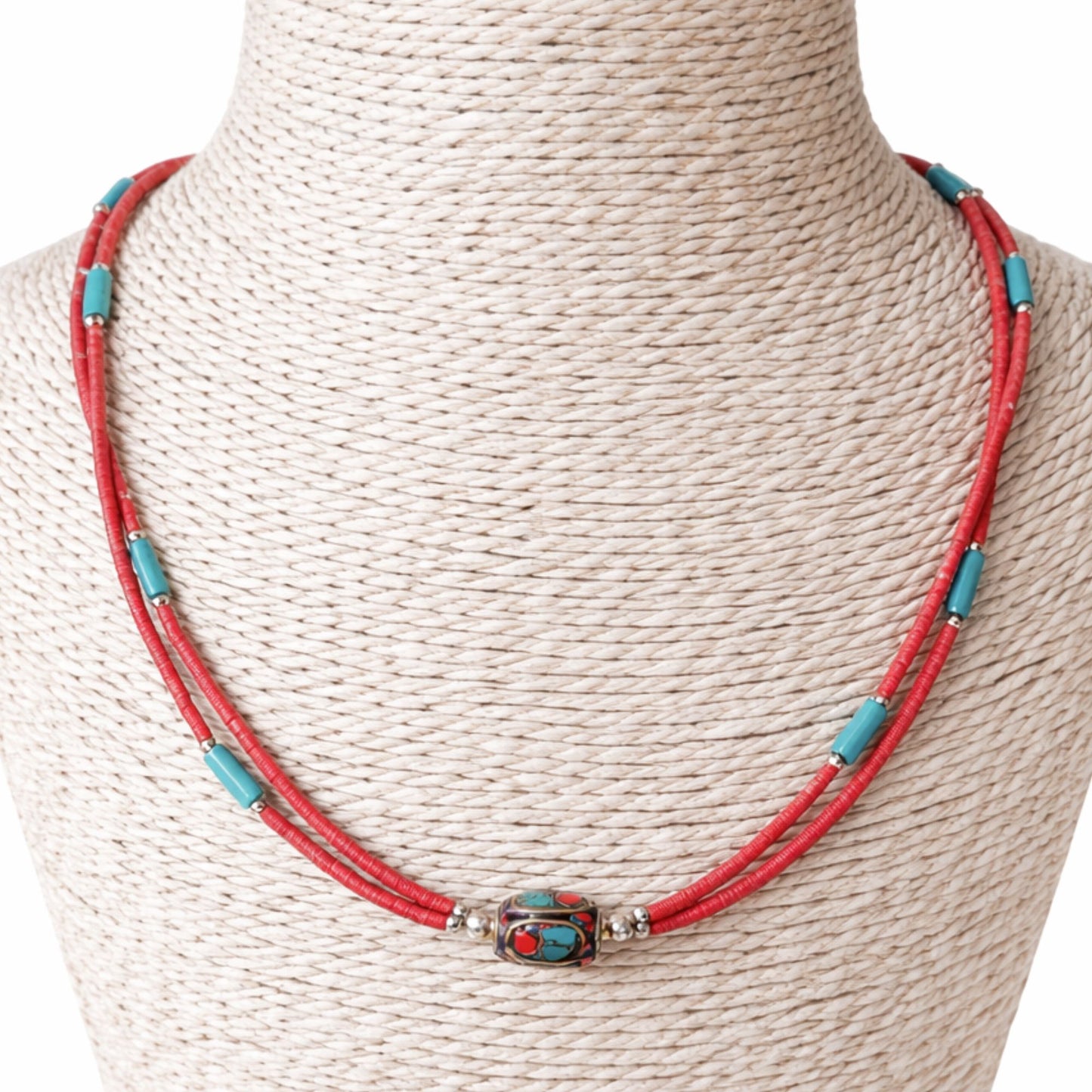 Collar nepalí extrafino de dos líneas - Colgante rosa y turquesa