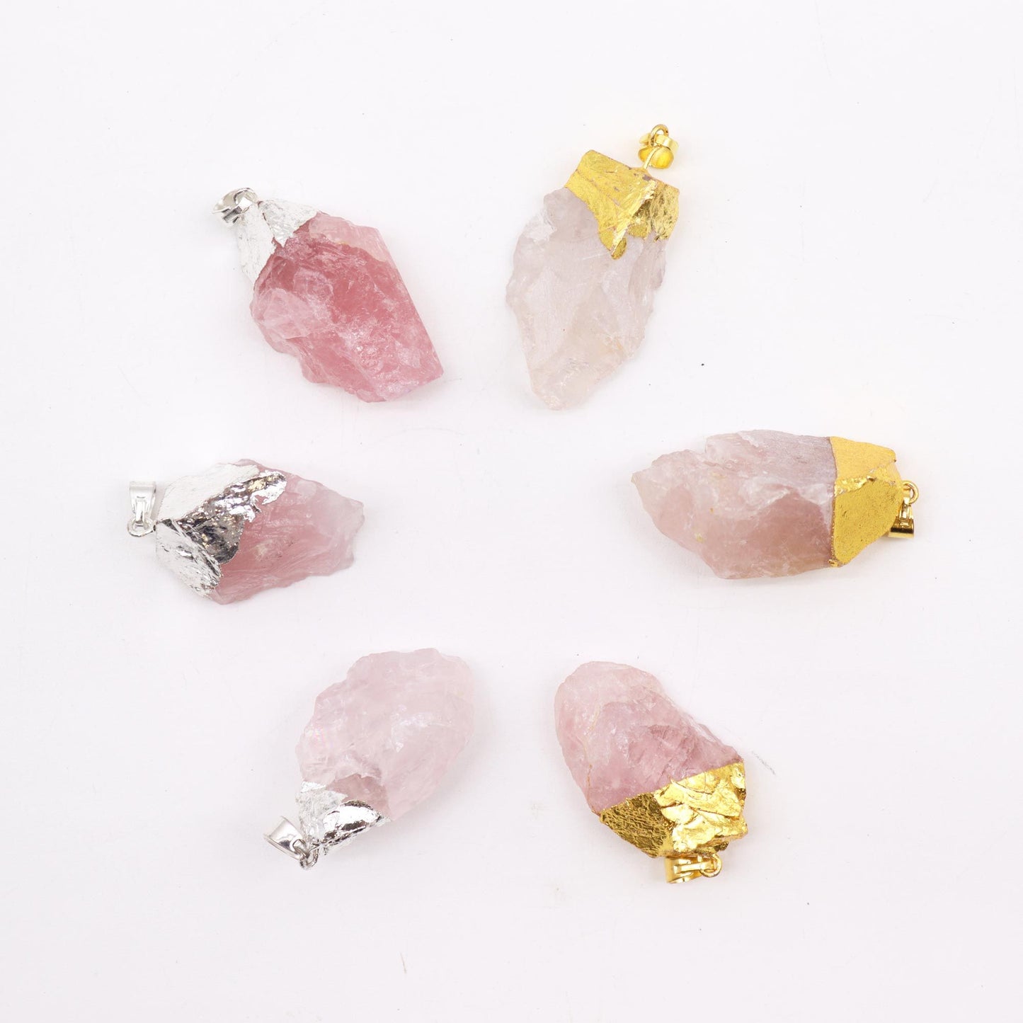 Colgantes de cuarzo rosa chapados en oro y plata (6 unidades surtidas)