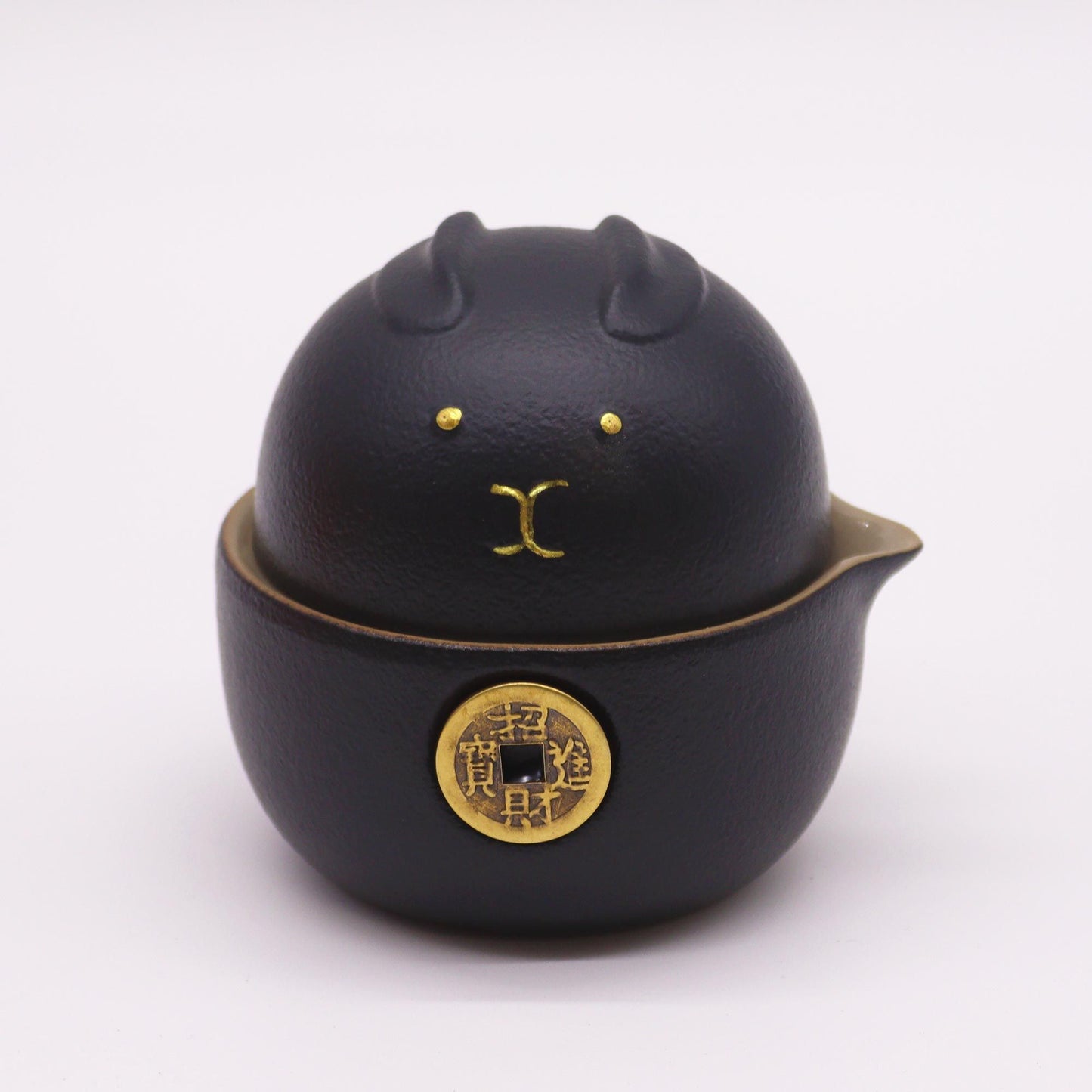 Juego de Tetera Gato de la Suerte - Dos Tazas - Pack de Viaje - Negro