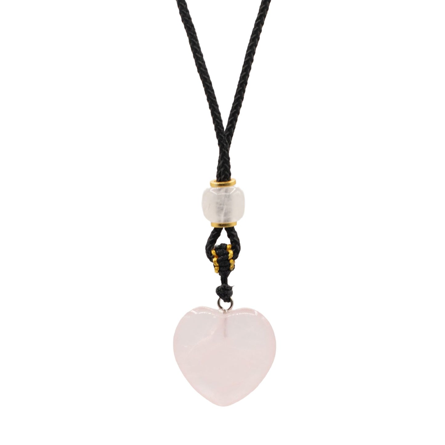 Collar de cuerda con colgante de piedra preciosa - corazón de cuarzo rosa